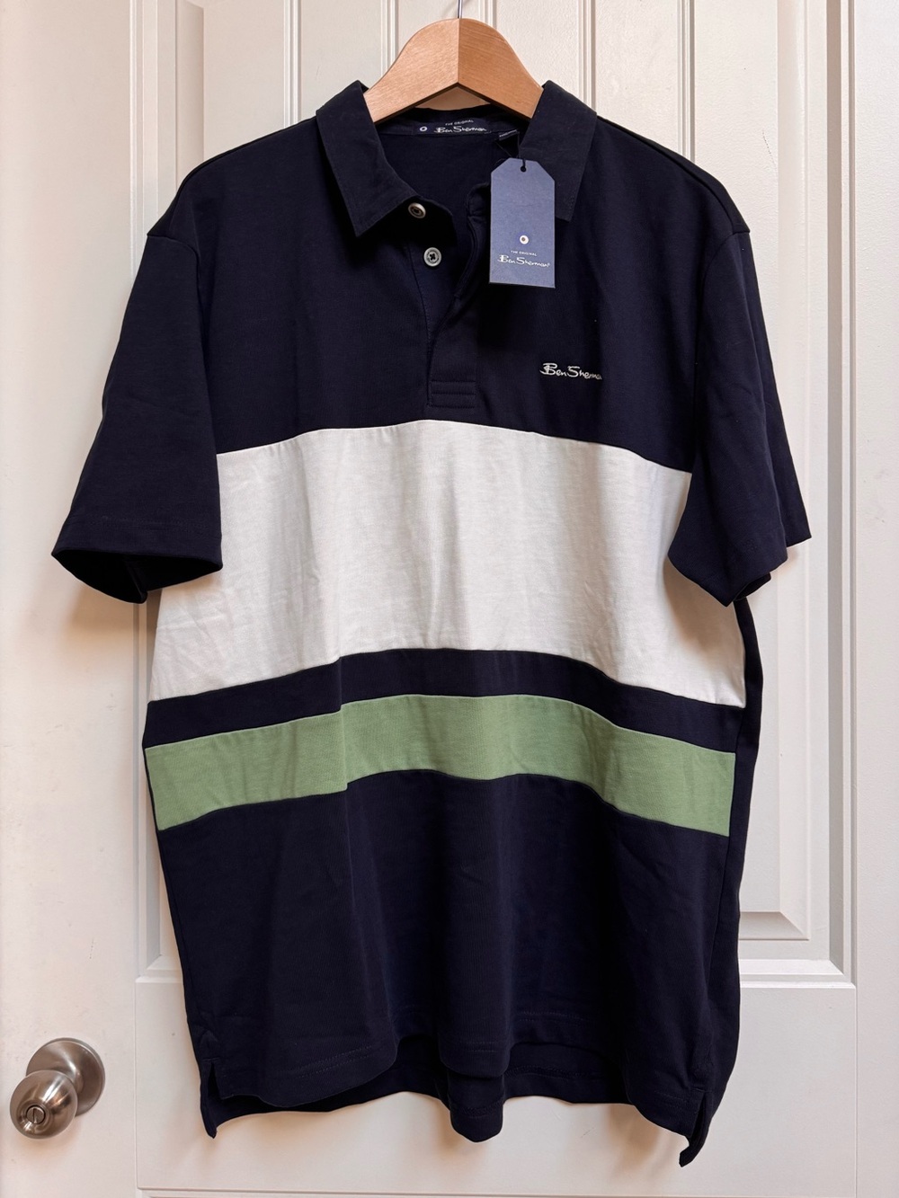 NWT Ben Sherman Navy White Greeb Colour Block Polo Shirt. Size XL